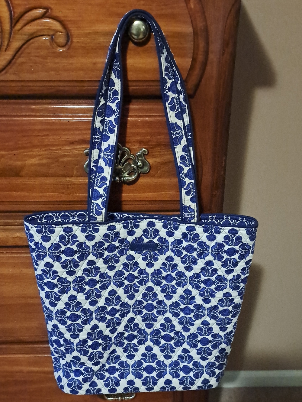 Vera Bradley Blue Floral Quilted Tote Bag with Patterned Straps